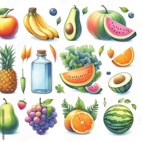 a collection of Watercolor Fruit and vegetable Vector Illustrator Artwork