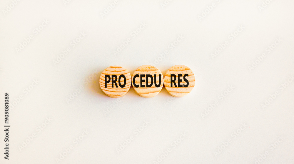 Procedures symbol. Concept word Procedures on beautiful wooden circles. Beautiful white background. Business procedures concept. Copy space. Procedures symbol. Concept word Procedures on beautiful wooden circles. Beautiful white background. Business procedures concept. Copy space.