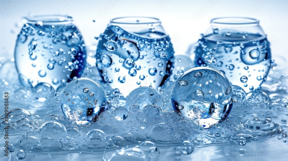 Transparent vessels overflow with bubbles, creating a mesmerizing watery display Transparent vessels overflow with bubbles, creating a mesmerizing watery display