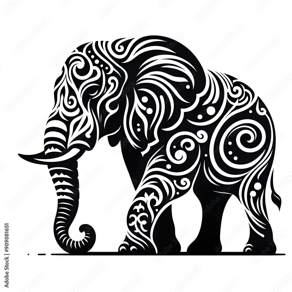 Obraz premium A beautiful elephant black line stencil artwork isolated on white background PNG