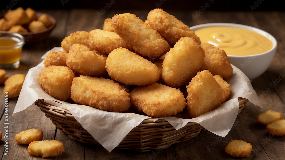 basket of golden chicken nuggets, fresh out of the fryer, with a crispy, breaded exterio basket of golden chicken nuggets, fresh out of the fryer, with a crispy, breaded exterio