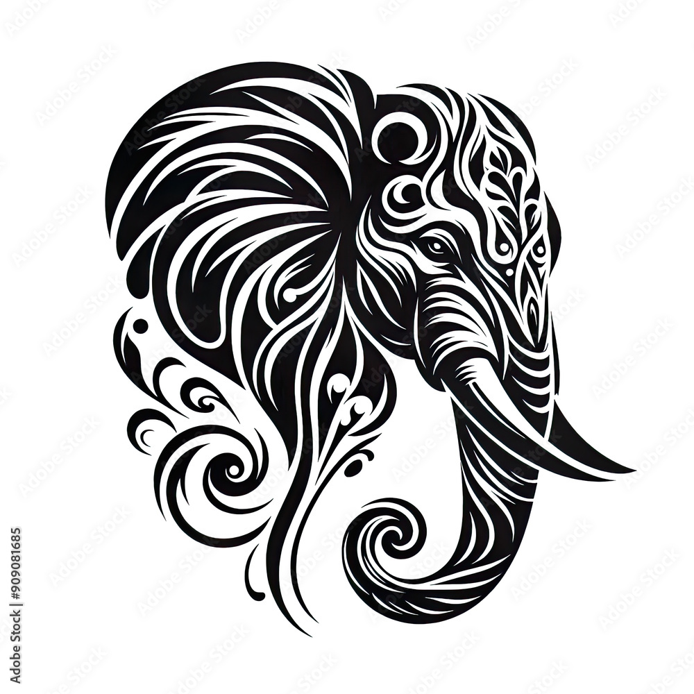 Fototapeta premium A beautiful elephant black line stencil artwork isolated on white background PNG