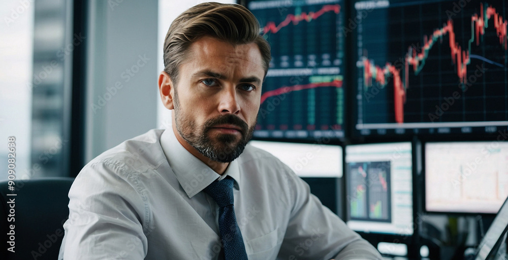 Broker in a shirt and tie works at monitors with charts in the office
Broker in a shirt and tie works at monitors with charts in the office