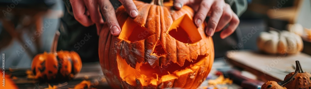 A person carving a jack-o-lantern, showcasing creativity and seasonal spirit in a cozy autumn setting. A person carving a jack-o-lantern, showcasing creativity and seasonal spirit in a cozy autumn setting.