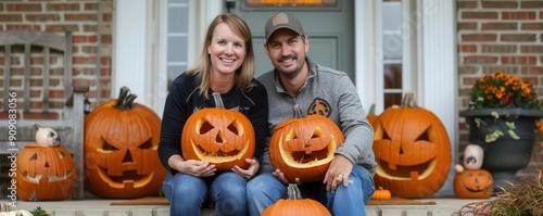 A couple poses happily with...