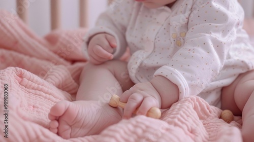 A baby is sitting on a pink blanket and holding a wooden toy