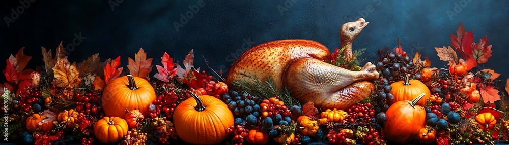 Thanksgiving Feast: Roasted Turkey with Pumpkins and Fall Foliage Thanksgiving Feast: Roasted Turkey with Pumpkins and Fall Foliage