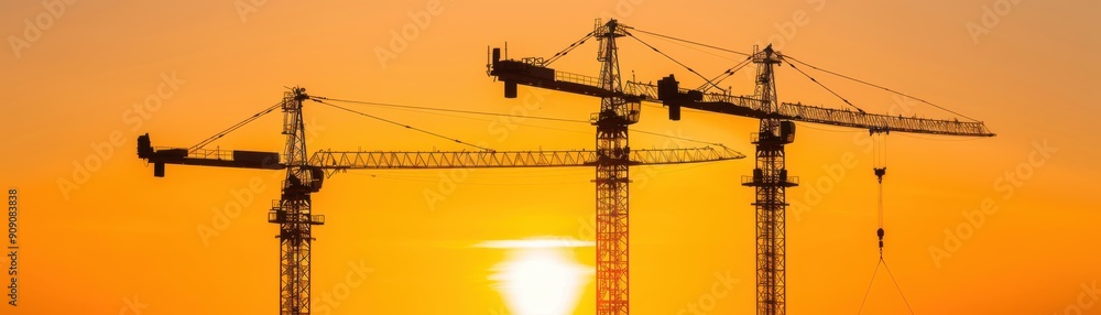 Silhouetted construction cranes against a vibrant sunset sky, showcasing urban development and industrial progress. Silhouetted construction cranes against a vibrant sunset sky, showcasing urban development and industrial progress.