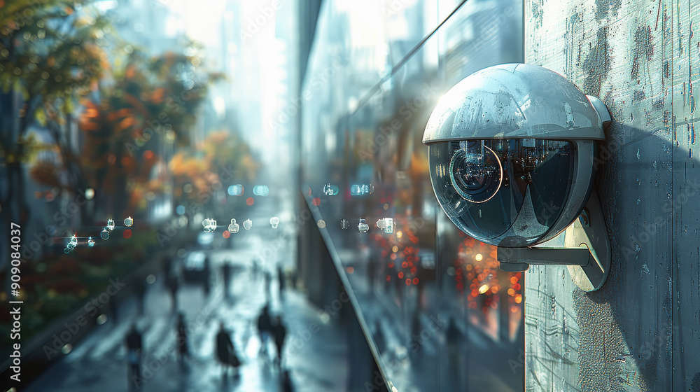 a modern security camera mounted on the side of an urban building, with city streets and pedestrians in the background a modern security camera mounted on the side of an urban building, with city streets and pedestrians in the background