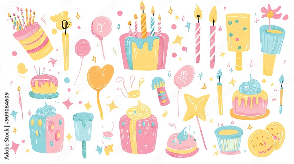 Colorful party elements with cakes, candles, candies, and balloons, perfect for birthday and celebration themes. Colorful party elements with cakes, candles, candies, and balloons, perfect for birthday and celebration themes.