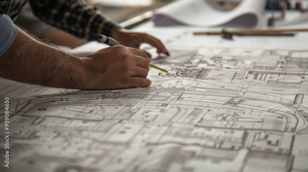 Close up view of the hands of civil architect engineers creating design patterns for a building construction on a paper sketch work table. Close up view of the hands of civil architect engineers creating design patterns for a building construction on a paper sketch work table.