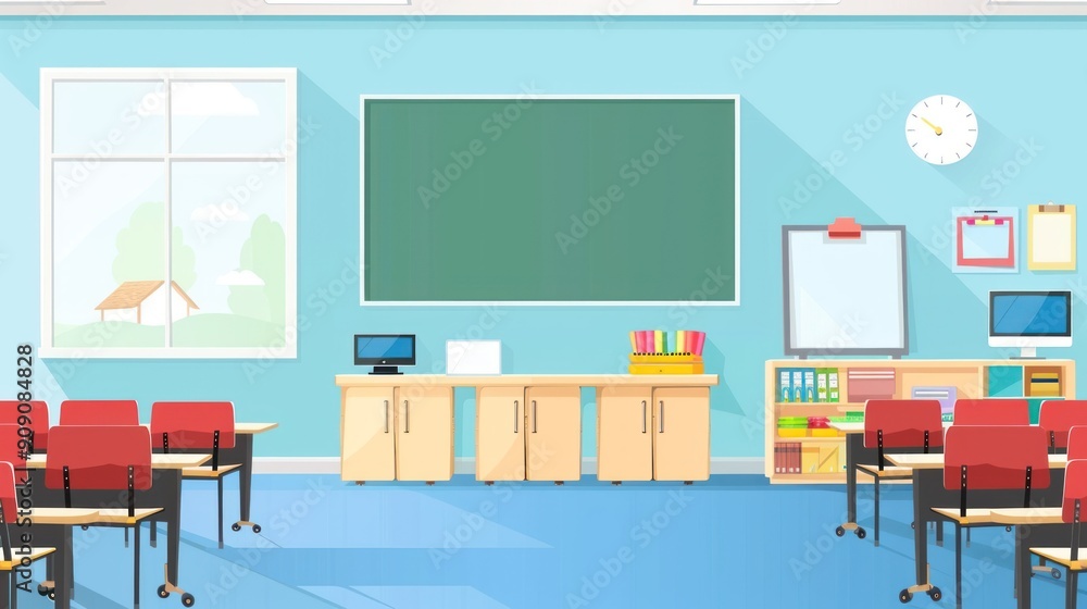 A classroom with a smartboard and modern teaching technology A classroom with a smartboard and modern teaching technology