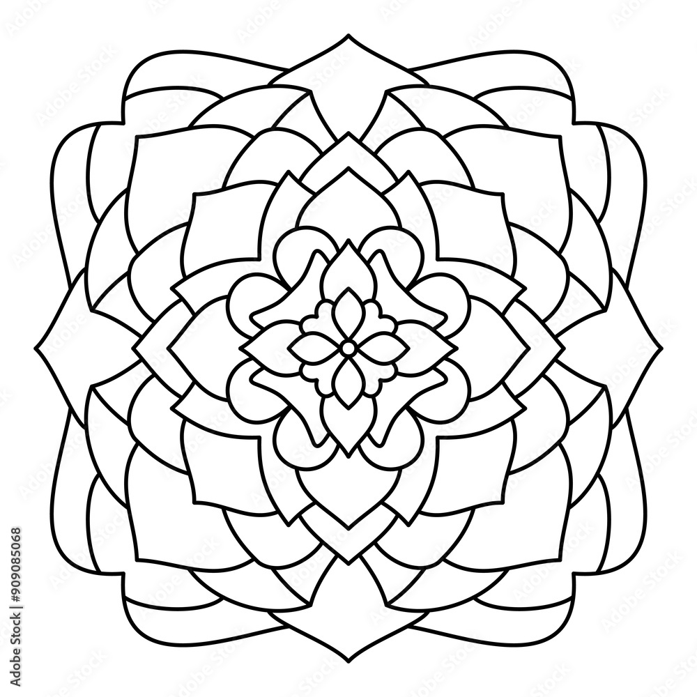 Floral design with line, circular shape, drawing of botanical, natural theme, for coloring book page, ornament, decoration, tile, tattoo, wallpaper, background, sticker. Floral design with line, circular shape, drawing of botanical, natural theme, for coloring book page, ornament, decoration, tile, tattoo, wallpaper, background, sticker.