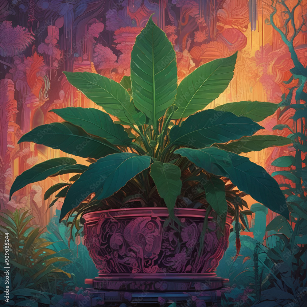 Obraz premium Asian influence in this illustration of large leaf potted plant, backlit. 