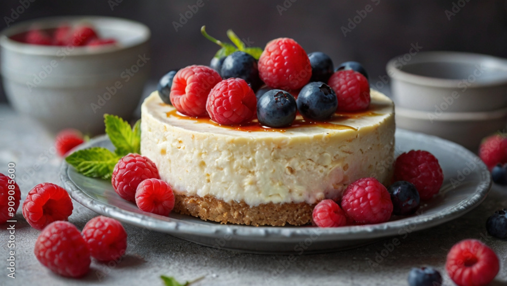 Cheese cake topped with berry jam and a variety of fresh berries. With a studio photo concept. Cheese cake topped with berry jam and a variety of fresh berries. With a studio photo concept.