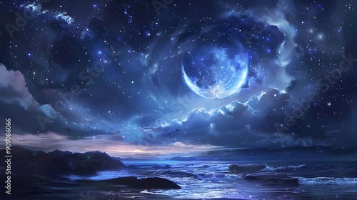 sky with planet, stars and clouds over the sea