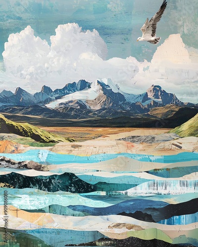 Craft a detailed landscape view collage with textured layers and subtle colors, focused on natural elements and open skies