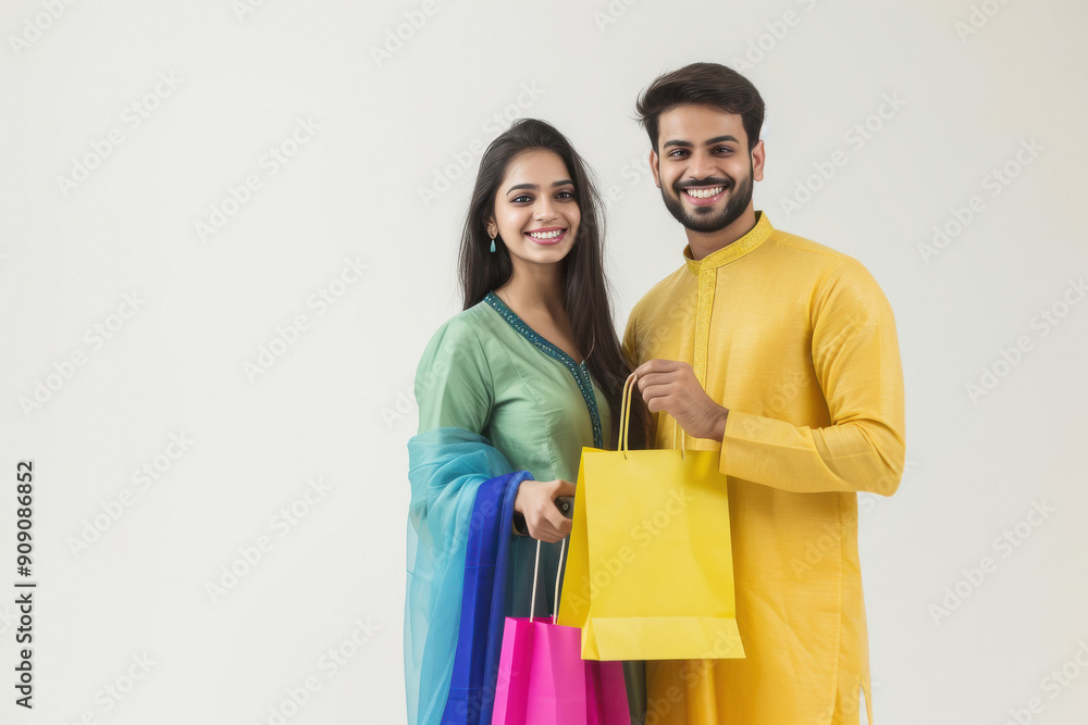 young indian couple holding shopping bags on white background young indian couple holding shopping bags on white background