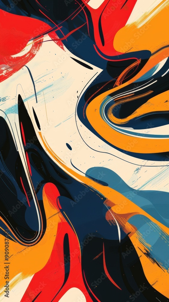 An abstract composition showcases bold and vibrant colors in dynamic fluid shapes flowing harmoniously across the canvas An abstract composition showcases bold and vibrant colors in dynamic fluid shapes flowing harmoniously across the canvas
