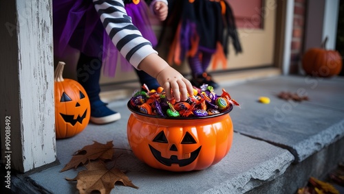 Halloween Trick-or-Treat Scene: Child's Hand Reaching into Jack-o'-Lantern Candy Bowl photo