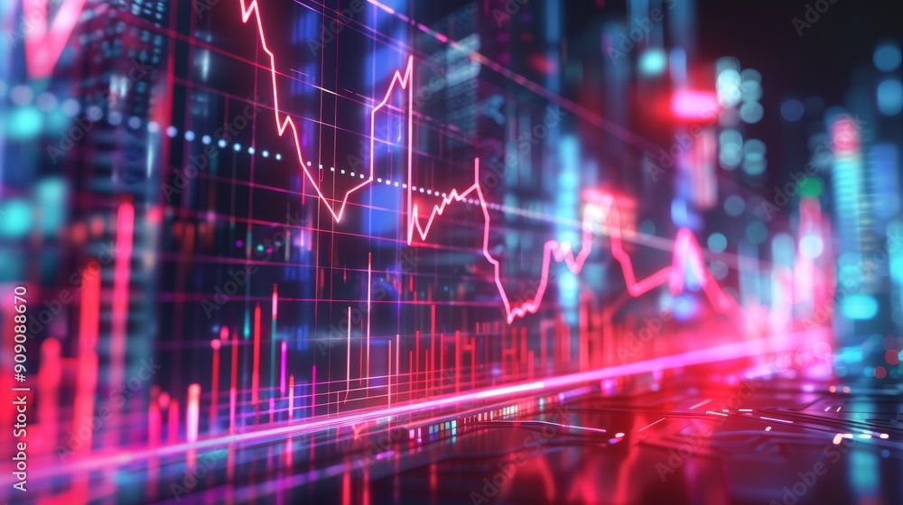 Neon Stock Market Chart with Blurry City Lights in Background Neon Stock Market Chart with Blurry City Lights in Background