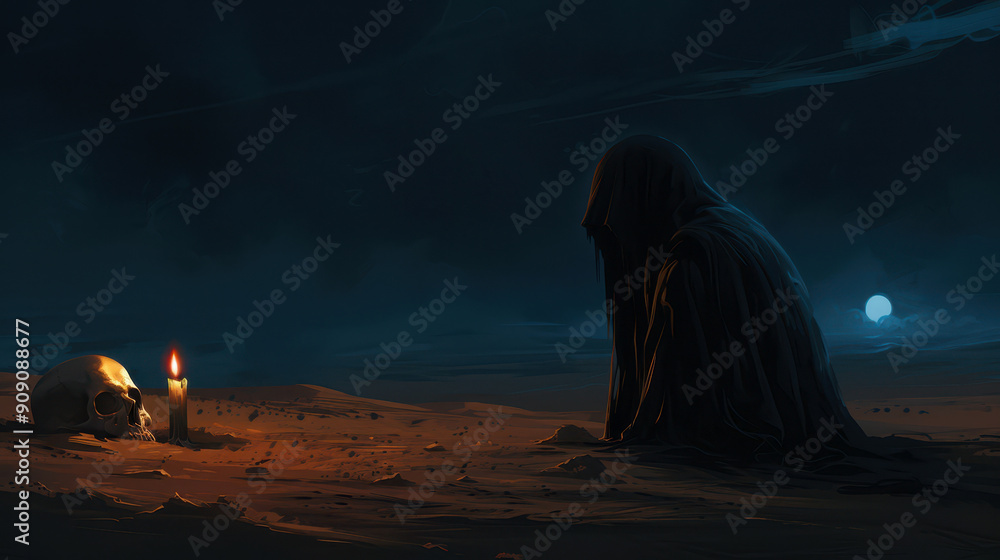 A mysterious figure cloaked in darkness sits in a desolate landscape, with a candle illuminating a nearby skull under the moonlight. A mysterious figure cloaked in darkness sits in a desolate landscape, with a candle illuminating a nearby skull under the moonlight.