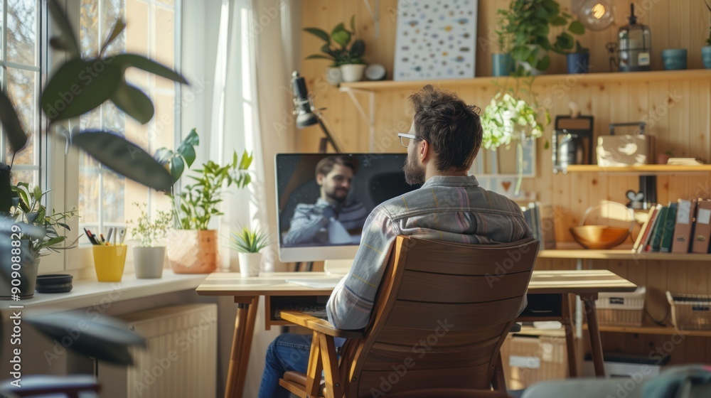 A teacher conducting a virtual lesson from their home office A teacher conducting a virtual lesson from their home office
