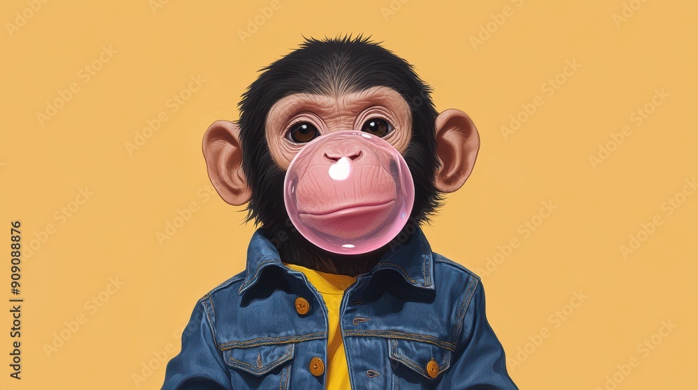 A playful monkey blowing a bubblegum bubble, wearing a denim jacket against a vibrant yellow backdrop. A playful monkey blowing a bubblegum bubble, wearing a denim jacket against a vibrant yellow backdrop.