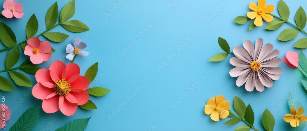 Top view of colorful paper cut flowers with green leaves on a blue background with copy space Top view of colorful paper cut flowers with green leaves on a blue background with copy space