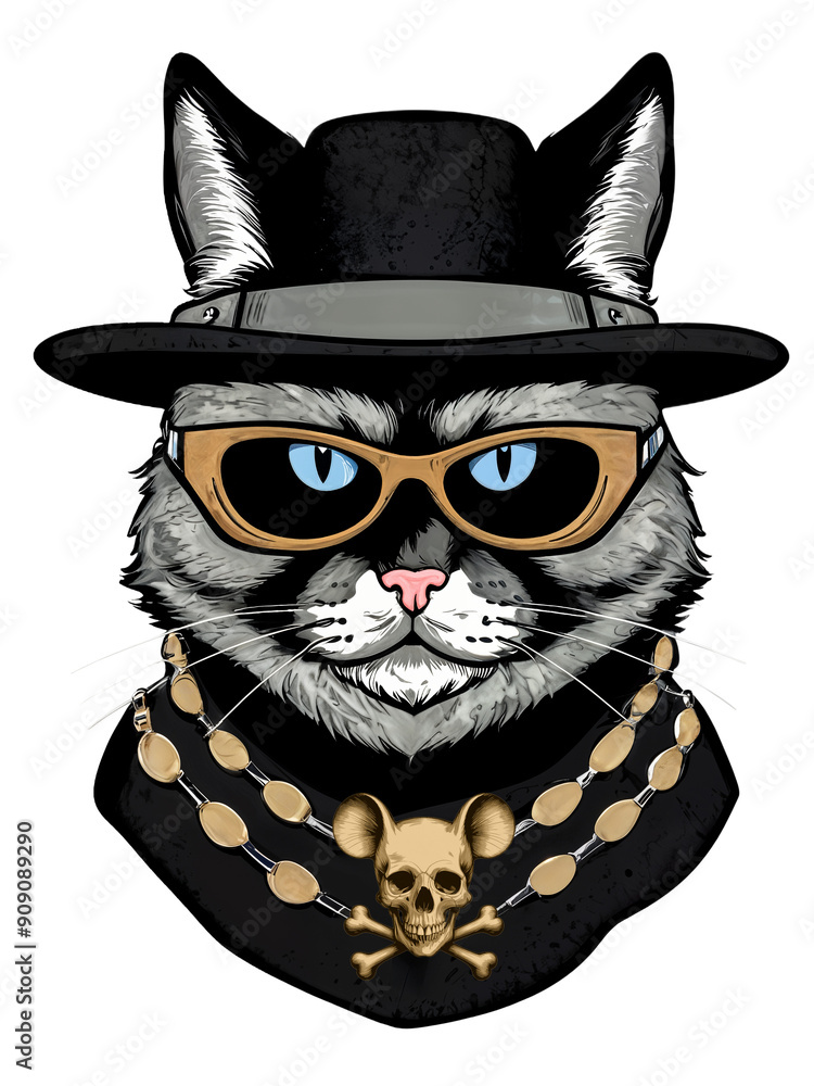 Fototapeta premium Gangster style cat portrait, in hat and glasses, isolated on transparent background