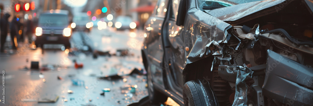 Fototapeta premium Brutal strong destructive car accident on a busy city street around a crowd of people onlookers.
