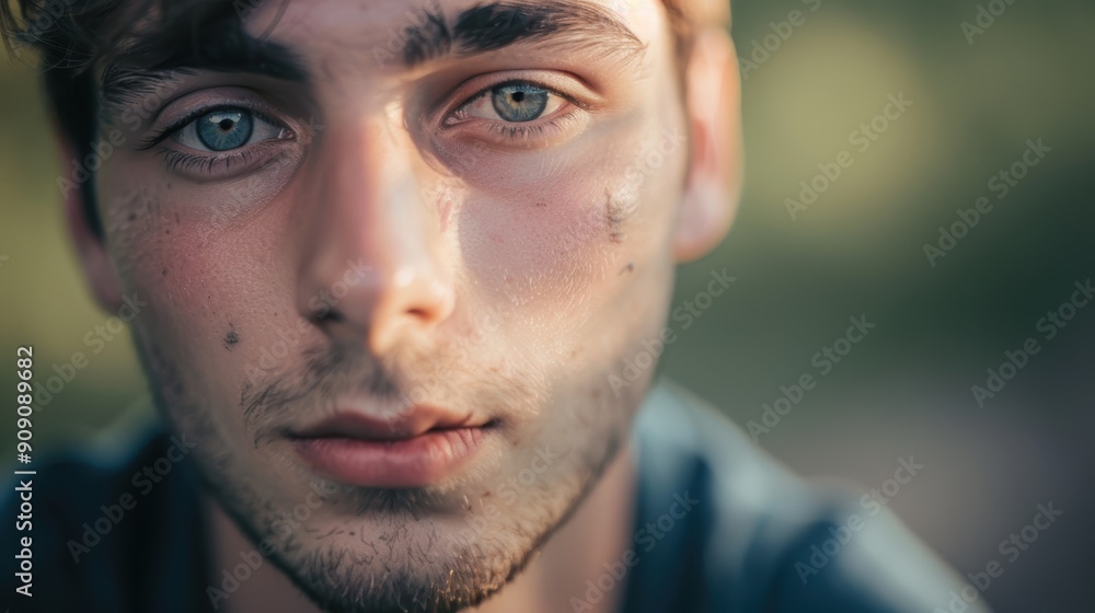 Outdoor portrait of a young man with a dirty face and blue eyes in nature setting Outdoor portrait of a young man with a dirty face and blue eyes in nature setting