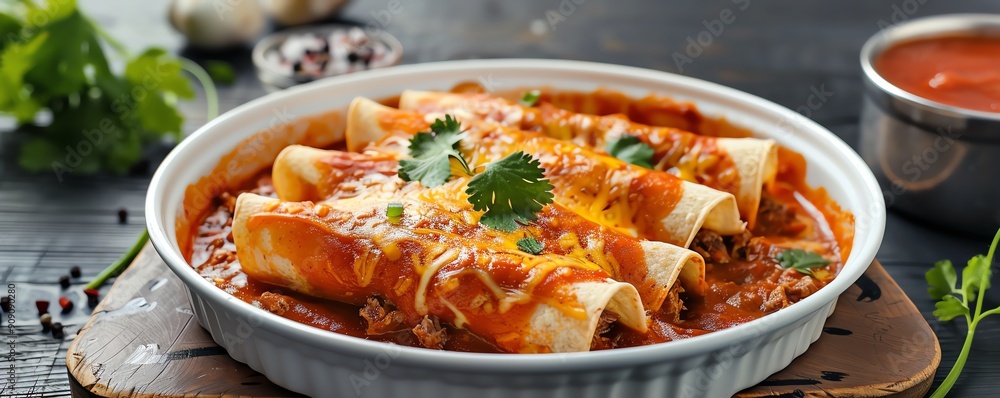 Traditional Mexican dinner of spicy beef enchiladas with red chili sauce Traditional Mexican dinner of spicy beef enchiladas with red chili sauce