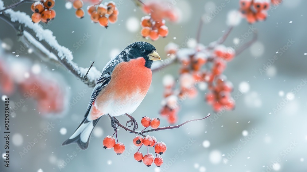 Bullfinch Bird Eating Berries on a Rowan Tree Branch in a Snowy Winter Landscape Bullfinch Bird Eating Berries on a Rowan Tree Branch in a Snowy Winter Landscape
