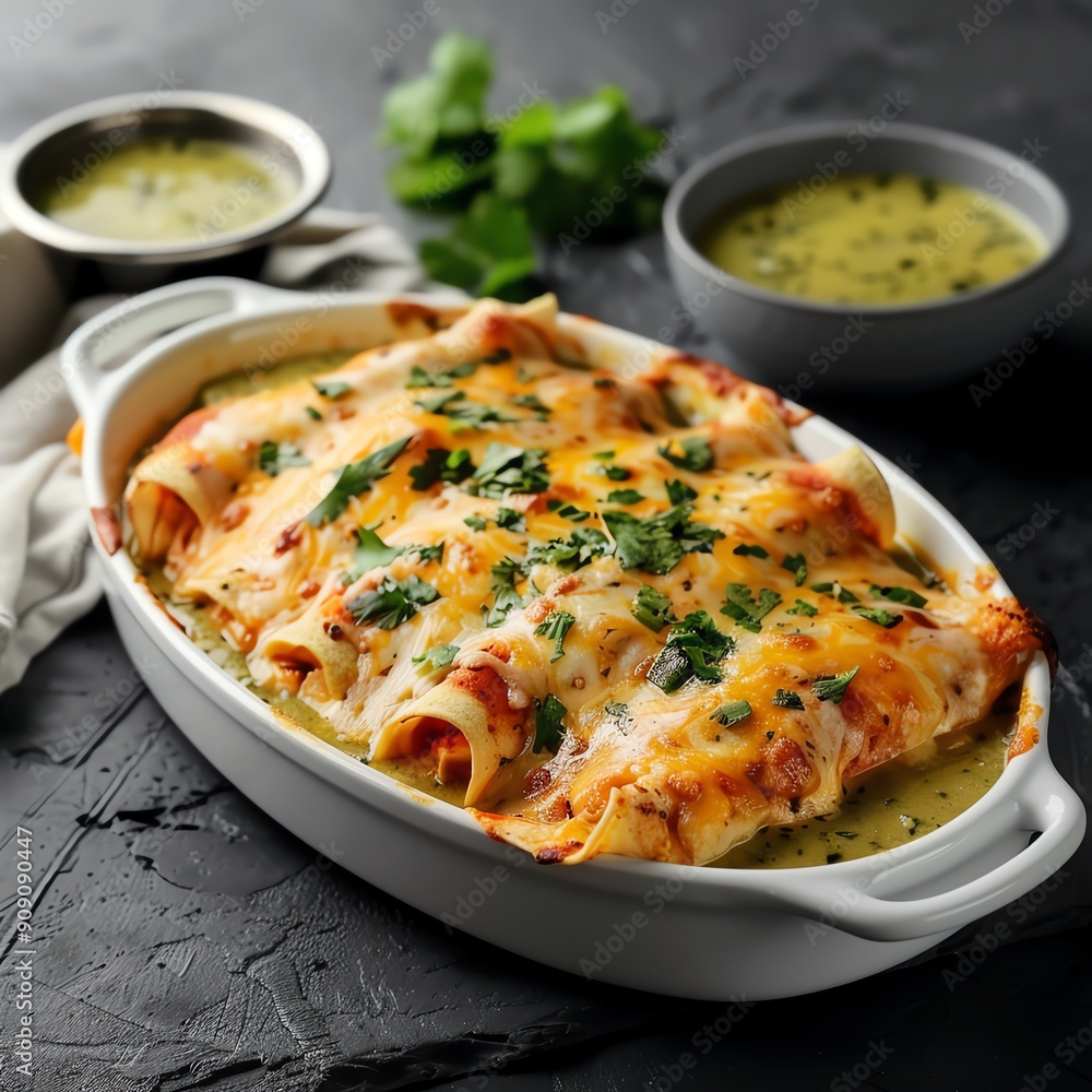 Traditional Mexican dinner of spicy chicken enchiladas with green sauce Traditional Mexican dinner of spicy chicken enchiladas with green sauce