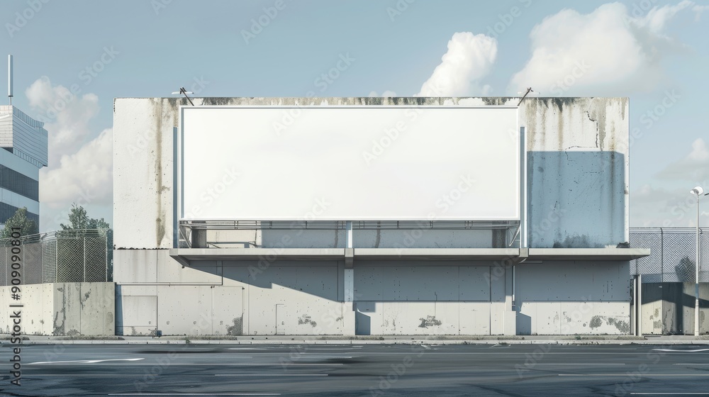 Obraz premium Blank White Billboard Displayed Next to Modern Warehouse Building