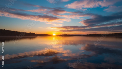 Wallpaper Mural The sun sets with its orange color shining on the lake. Torontodigital.ca