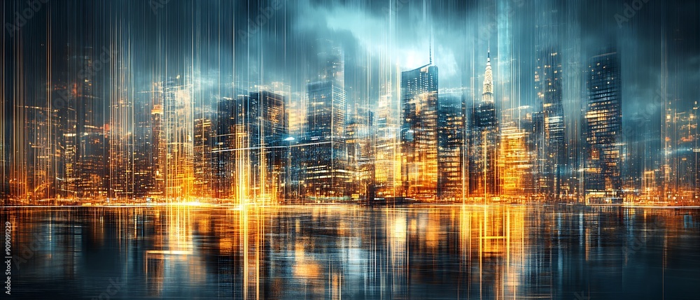 Urban skyline with glowing skyscrapers on a rainy night, reflecting city life Urban skyline with glowing skyscrapers on a rainy night, reflecting city life