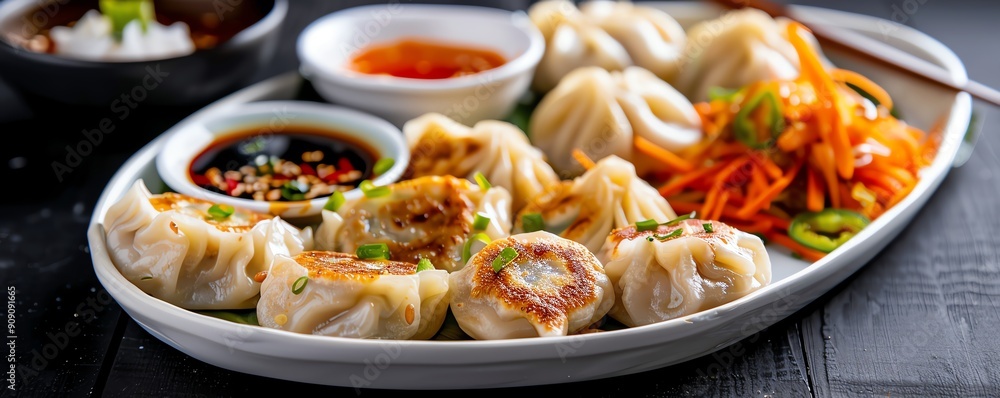 Chinese lunch platter with pork dumplings and dipping sauces Chinese lunch platter with pork dumplings and dipping sauces