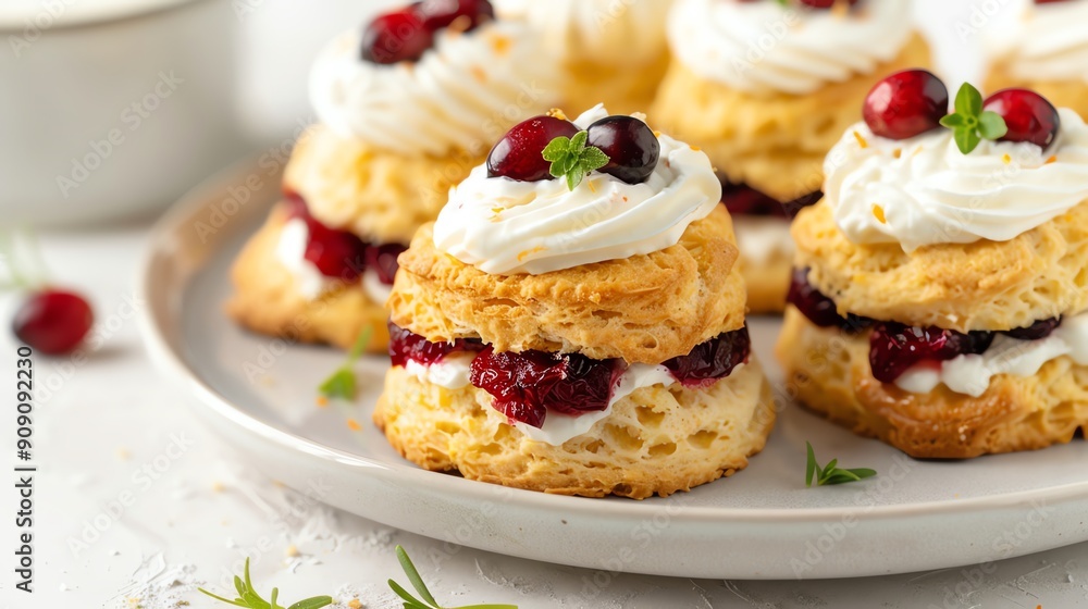 Elegant French brunch of orange and cranberry scones with clotted cream