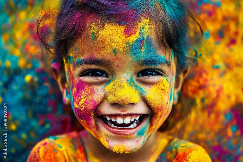 Joyful child with colorful holi powder on face, celebrating the festival of colors Joyful child with colorful holi powder on face, celebrating the festival of colors