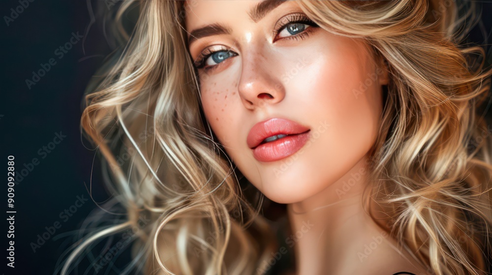 Professional photo of a woman with glamorous makeup and golden blonde hair in loose, bouncy curls, posing for a hair photoshoot. Professional photo of a woman with glamorous makeup and golden blonde hair in loose, bouncy curls, posing for a hair photoshoot.