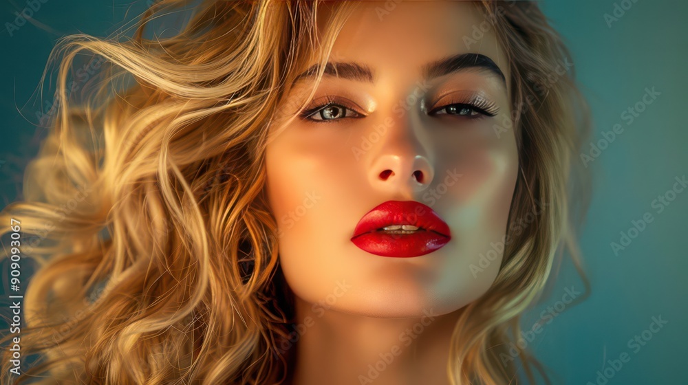 Fototapeta premium Professional photo of a woman with glamorous makeup and golden blonde hair in loose, bouncy curls, posing for a hair photoshoot.
