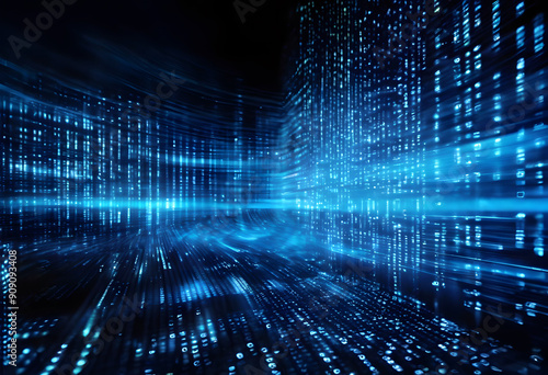 A futuristic digital landscape with flowing blue binary code and light streaks  creating a sense of depth and motion.