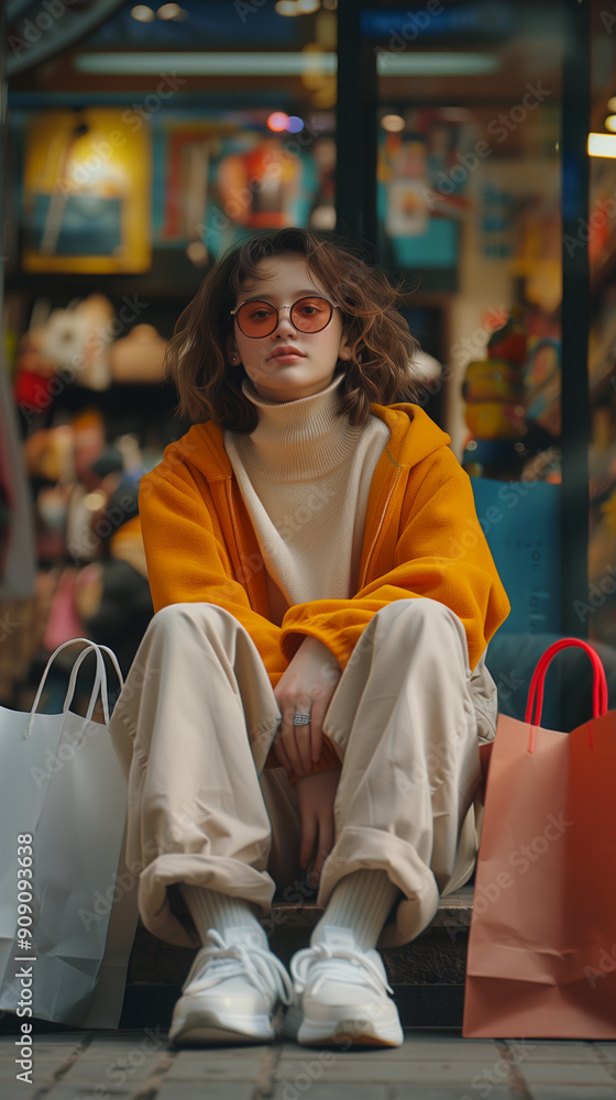 young woman glasses with millennial style culture yellow jacket carrying shopping bags of deals and discounts during black friday