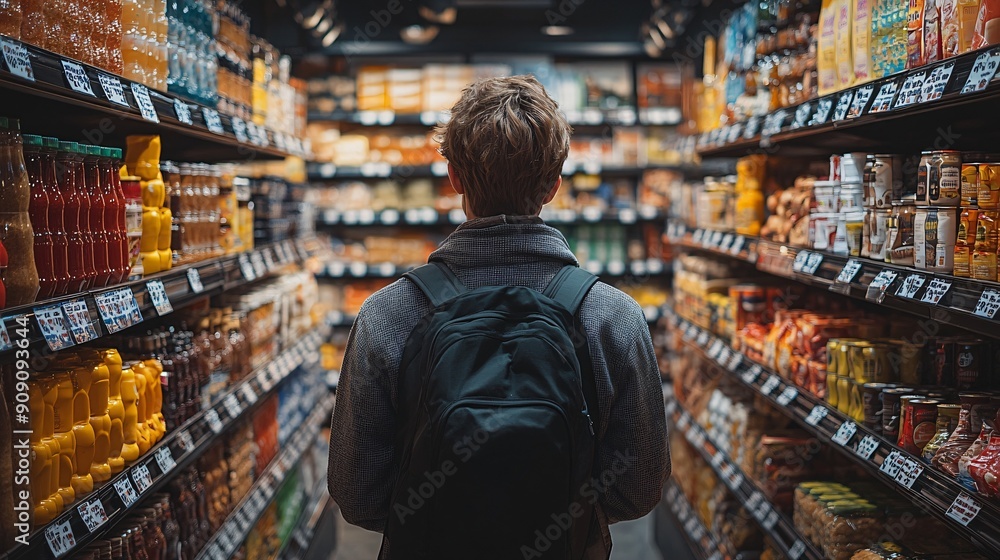 Close up rearview photography of a man in a supermarket or grocery store looking at the shelf full of products Close up rearview photography of a man in a supermarket or grocery store looking at the shelf full of products