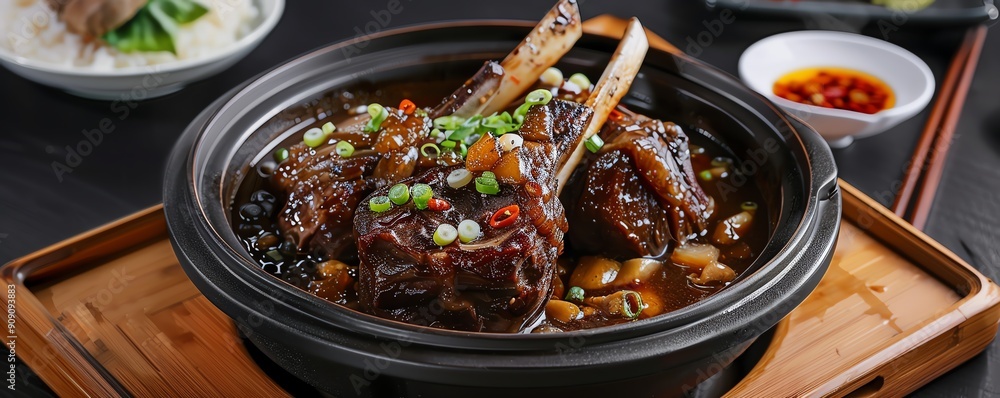 Hearty Chinese lunch of braised lamb shank with ginger and garlic Hearty Chinese lunch of braised lamb shank with ginger and garlic