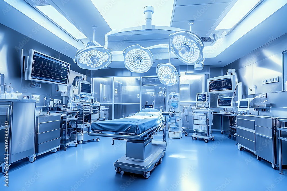 State-of-the-art operating room with advanced surgical equipment and sterile light State-of-the-art operating room with advanced surgical equipment and sterile light