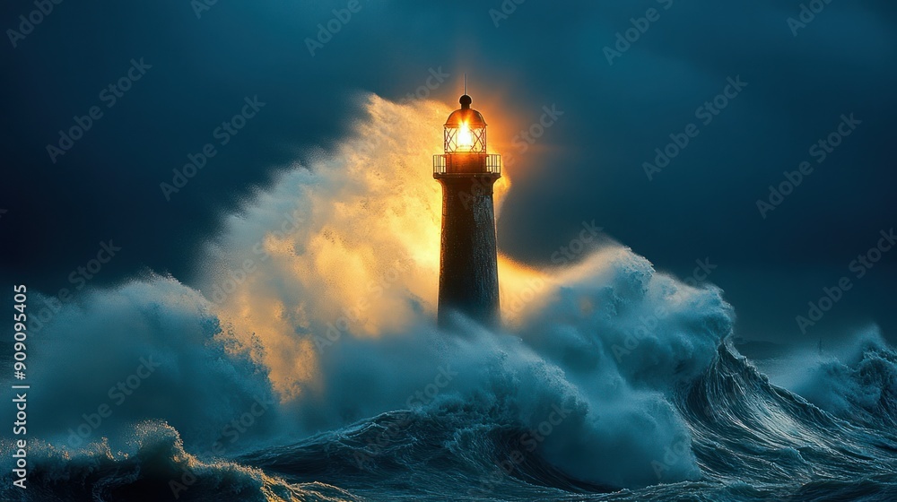 Beacon of Strength - A lighthouse stands resilient against crashing waves, casting a warm light through the stormy sea, symbolizing hope and guidance. Beacon of Strength - A lighthouse stands resilient against crashing waves, casting a warm light through the stormy sea, symbolizing hope and guidance.