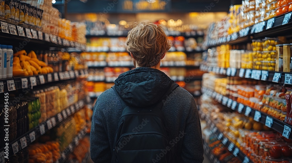 Close up rearview photography of a man in a supermarket or grocery store looking at the shelf full of products Close up rearview photography of a man in a supermarket or grocery store looking at the shelf full of products